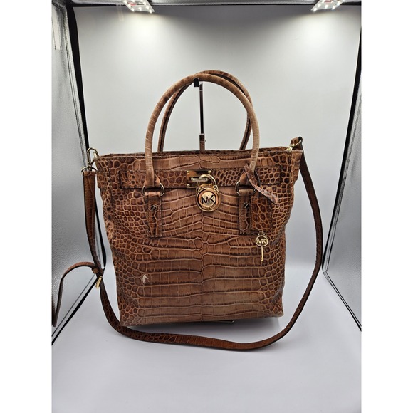 Michael‎ Kors Crocodile Embossed Leather Tote Shoulder Bag Brown Gold Lock Key - Picture 12 of 12